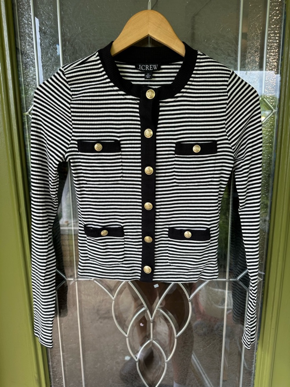 J Crew XS Black White Gold Button Striped Parisian Cardigan Pockets New Preppy